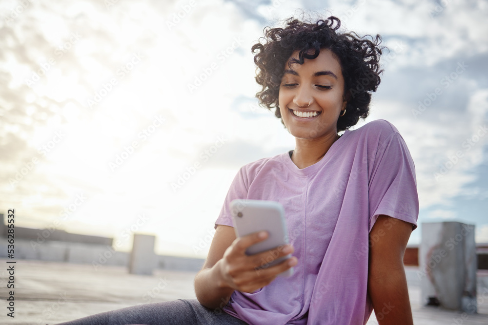 Phone, social media and communication with a woman in the city on a rooftop, sending or writing a me