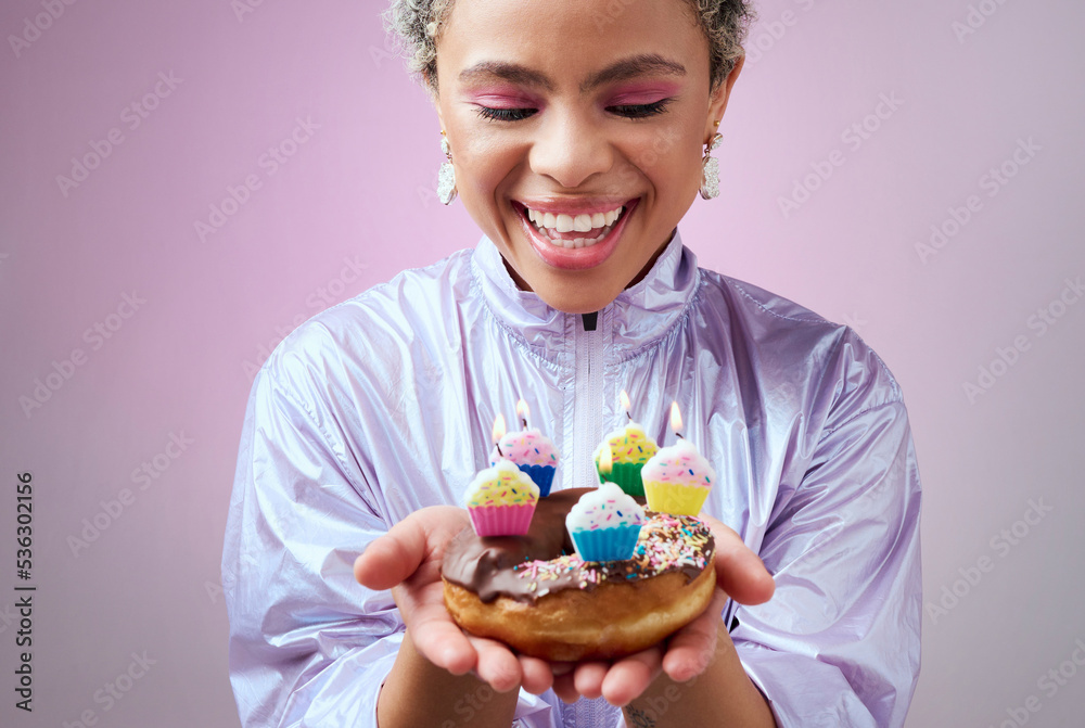 Happy birthday donut, black woman with cupcake candles and hands holding sweet dessert in New York. 