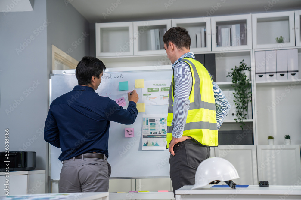 A pair of competent investor and engineer brainstorming on the whiteboard to find new ideas and maki