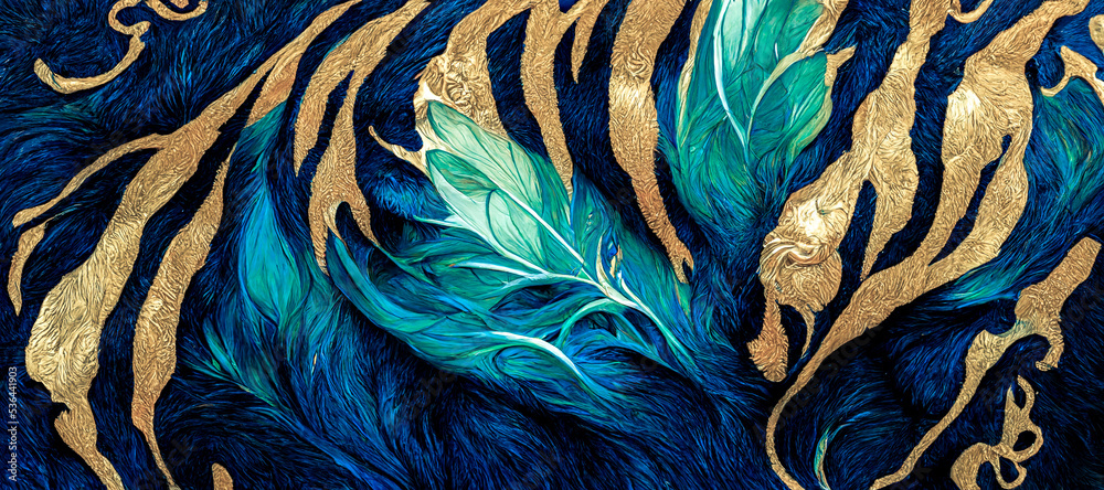 Spectacular abstract design with the teal and gold animal fur churning together like wavy liquid ink