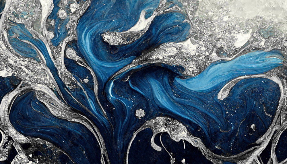 Spectacular high-quality abstract background of a whirlpool of dark blue and white. Digital art 3D i