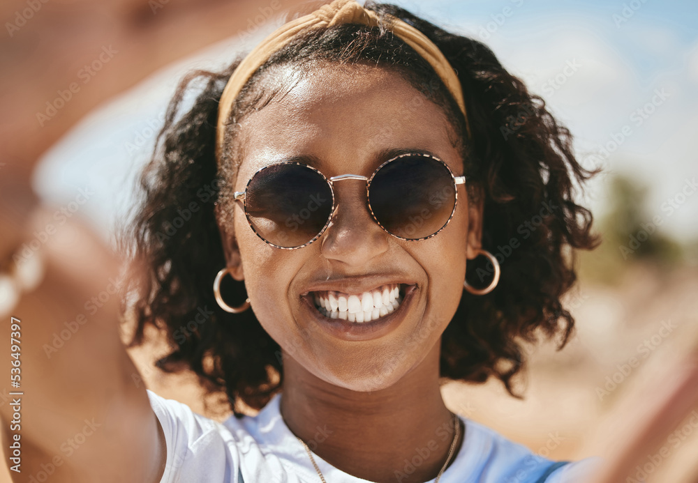 Hand frame, portrait and black woman with smile on holiday in nature of Mexico during summer. Happy 