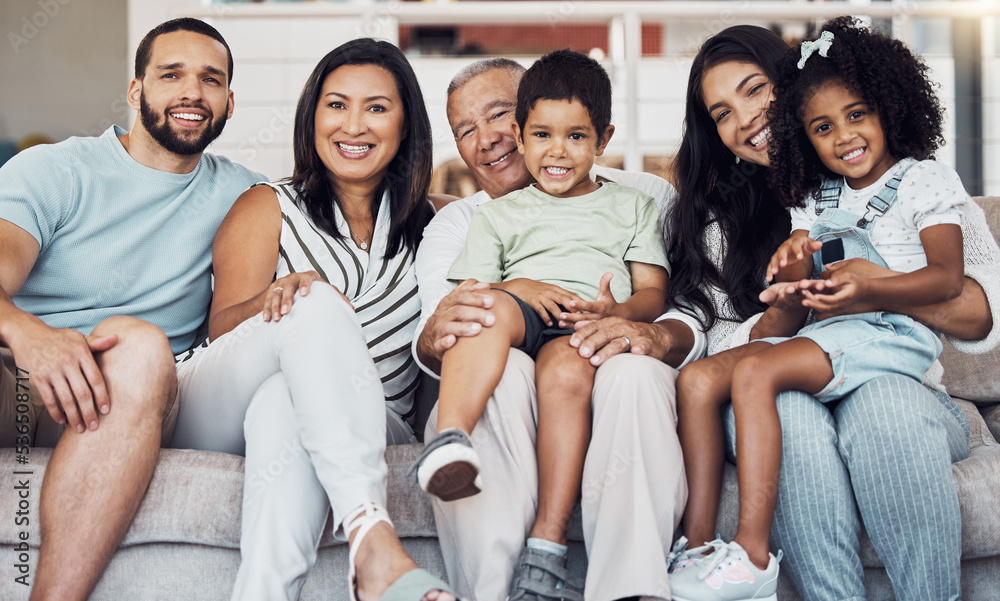 Family, sofa and happy in living room in portrait together in home or on vacation. Children, parents