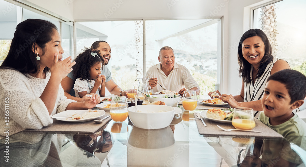 Happy, food and big family morning breakfast at dining table in home talking, eating and bonding. Gr