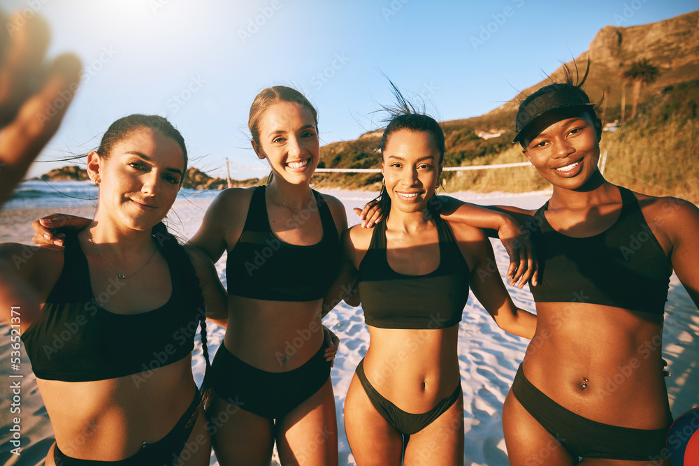 Active, selfie and team of women at beach for volleyball training on Brazil vacation for sports, fit