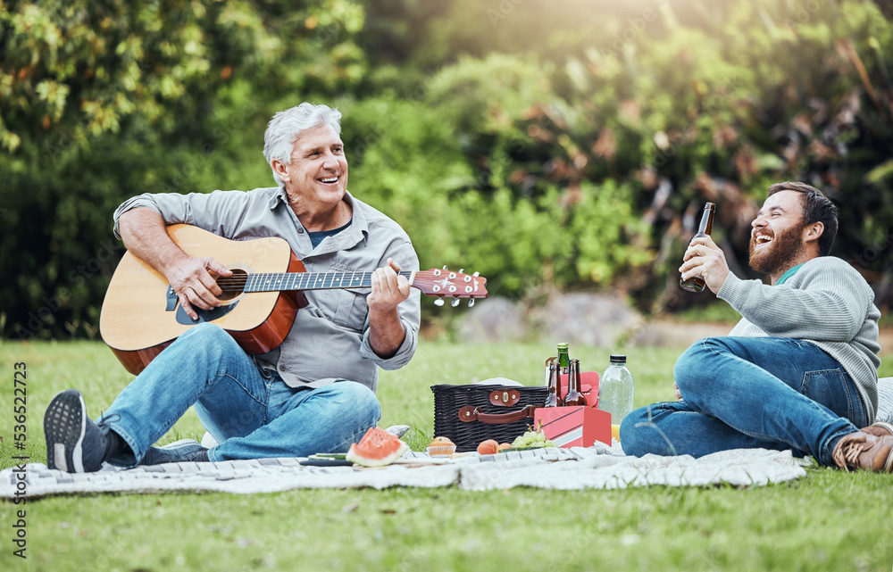 Guitar, father and son on park picnic with beer and music during holiday in Australia in summer. Sen