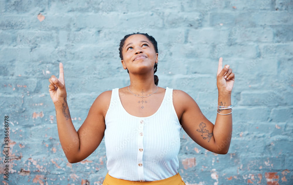 Smile, happy or comic black woman pointing up by building city wall background mockup design for mar