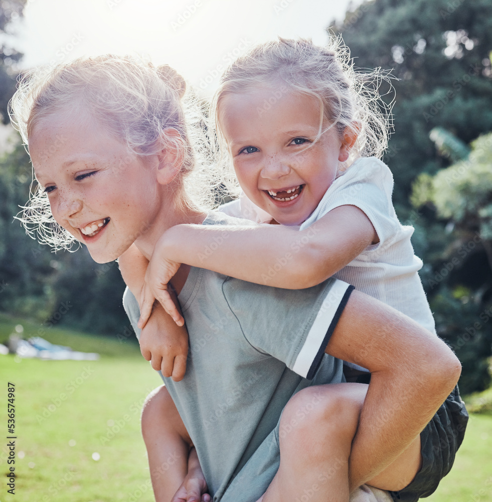 Happy, smile and siblings in an outdoor park during summer having fun and playing in nature. Happine