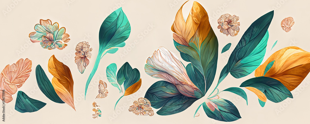 Spectacular pastel template of flower designs with leaves and petals. Natural blossom artwork featur