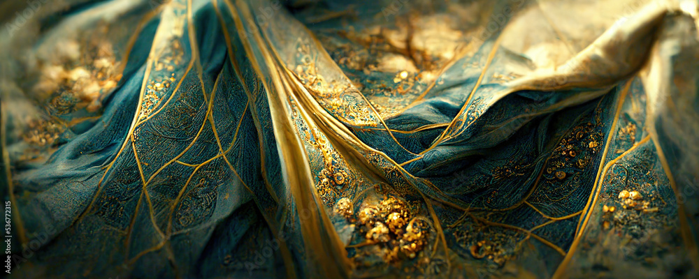 Spectacular classy background of a silky smooth dark blue fabric with a pattern of golden texture. B