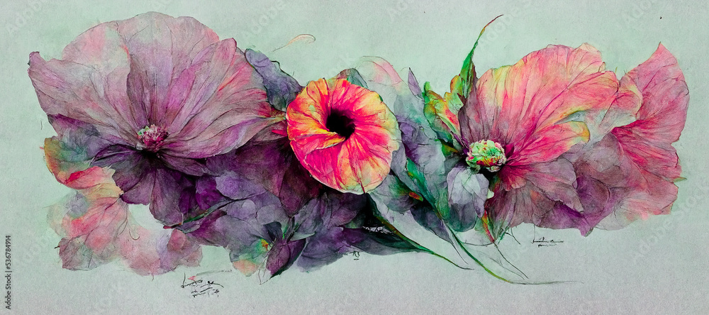 Spectacular watercolor painting of multicolored flower features with magenta green pastel red and pu