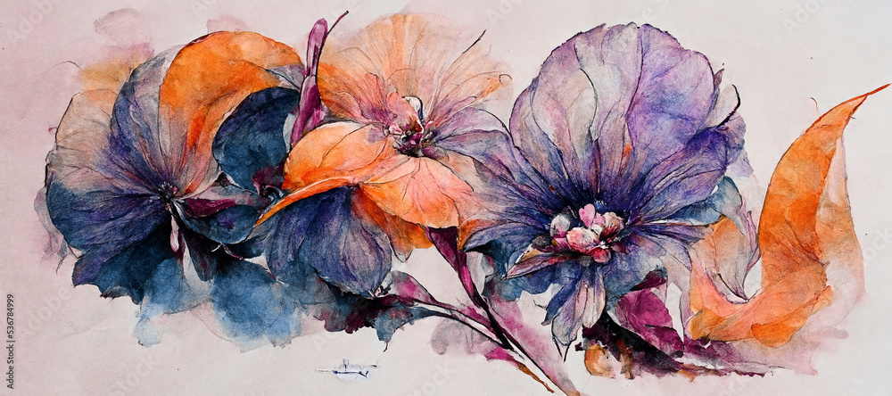 Spectacular piece of digital art 3D illustrator showing purple and orange flower in water color for 