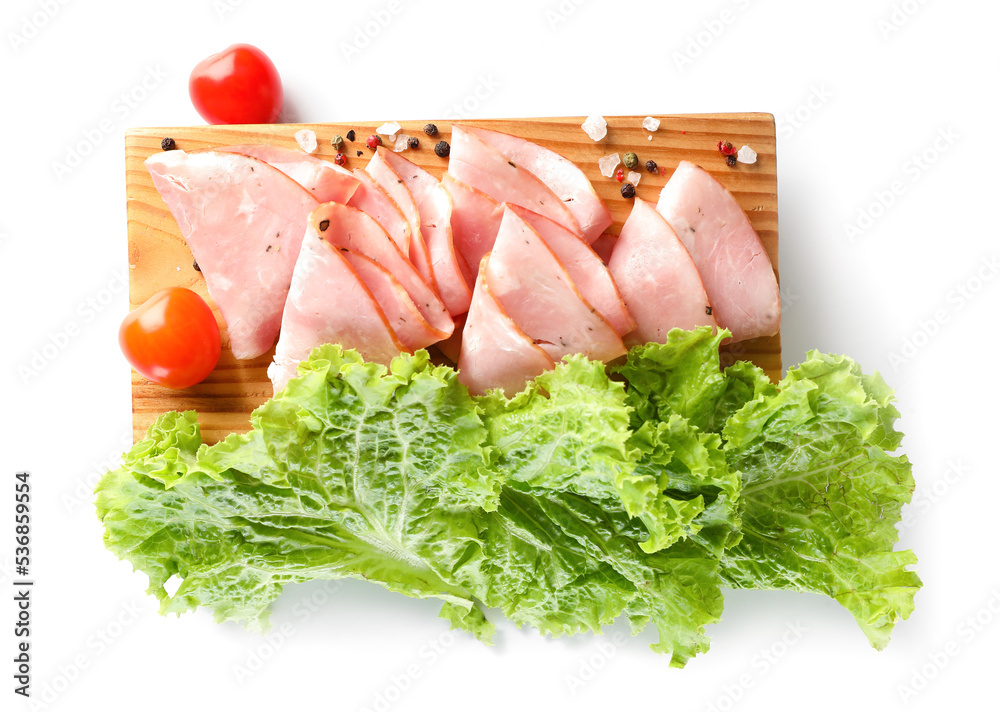 Wooden board with slices of tasty ham, tomatoes and lettuce on white background