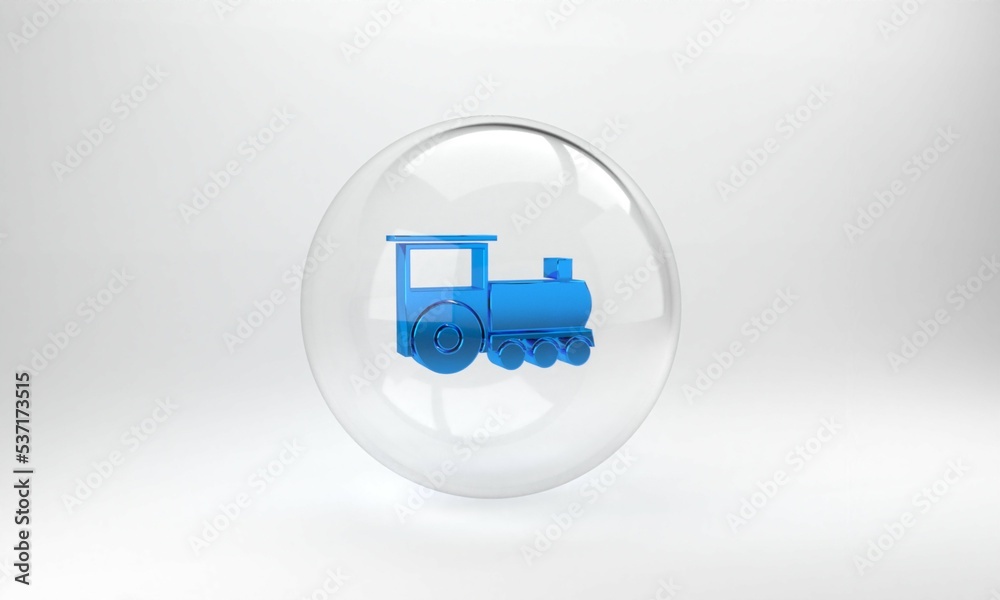 Blue Retro train icon isolated on grey background. Public transportation symbol. Glass circle button