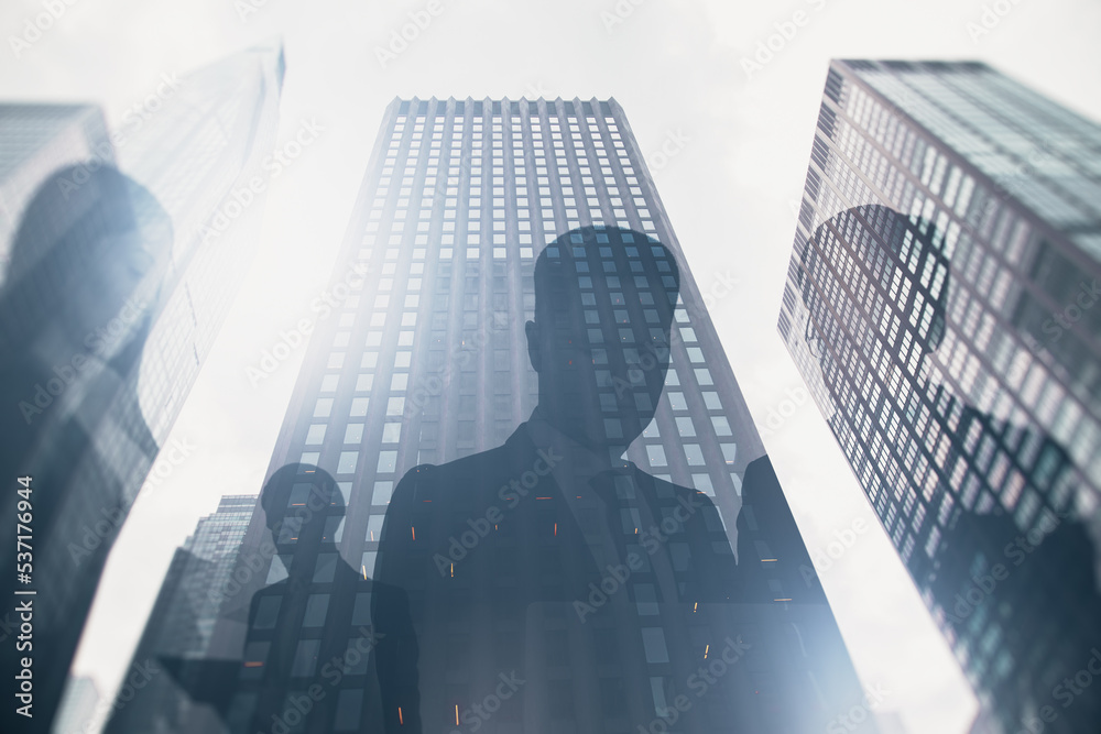 Abstract city with businesspeople silhouettes and bright white sky light. Backdrop image. Teamwork, 