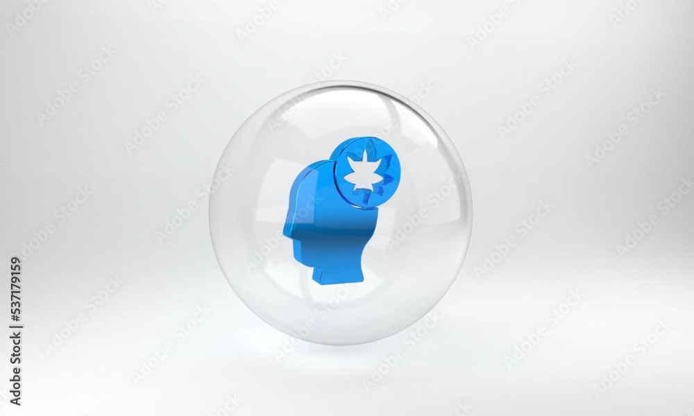 Blue Human head with leaf icon isolated on grey background. Glass circle button. 3D render illustrat