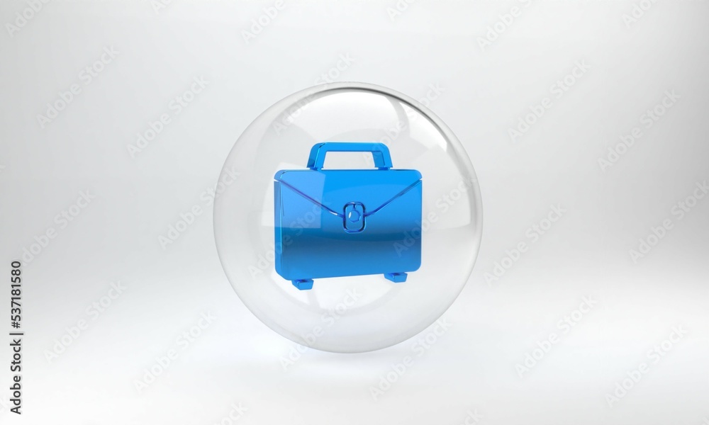 Blue Briefcase icon isolated on grey background. Business case sign. Business portfolio. Glass circl