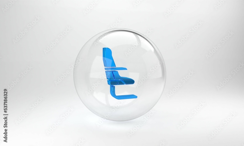 Blue Airplane seat icon isolated on grey background. Glass circle button. 3D render illustration