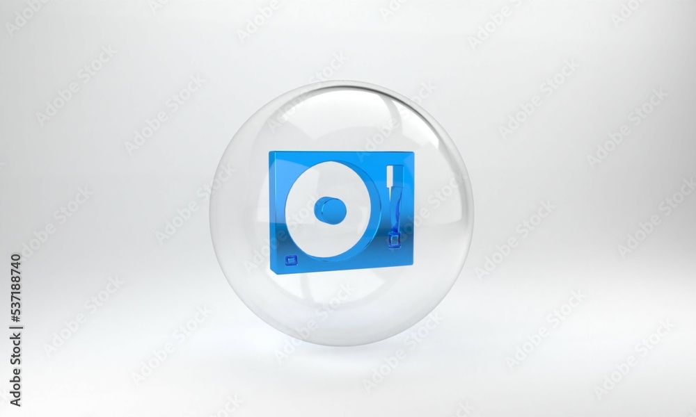 Blue Vinyl player with a vinyl disk icon isolated on grey background. Glass circle button. 3D render