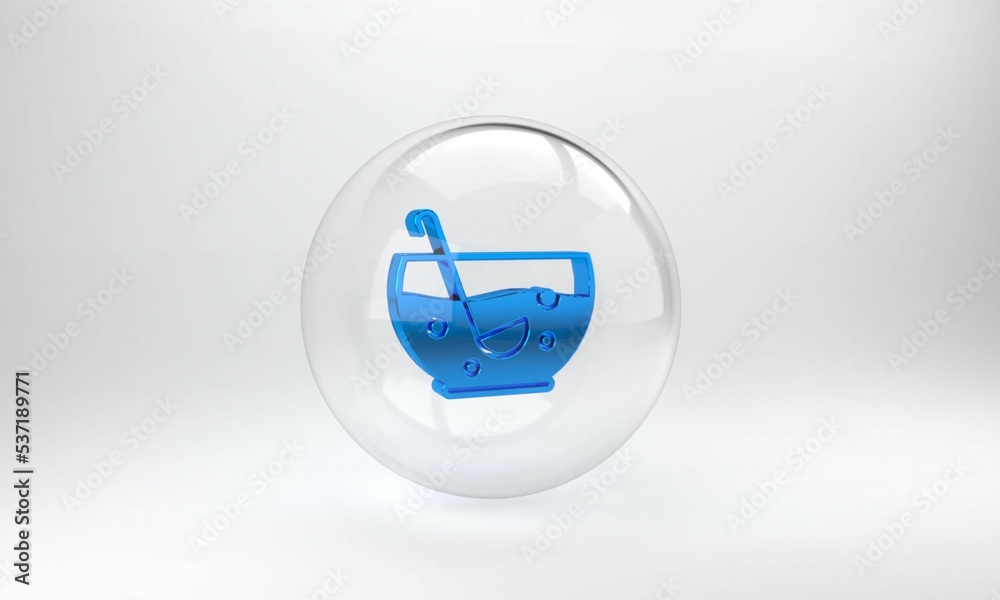 Blue Mixed punch with fresh fruits in bowl icon isolated on grey background. Glass circle button. 3D