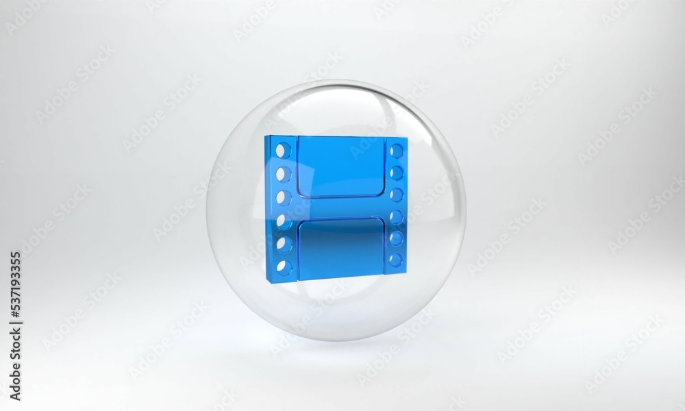 Blue Play Video icon isolated on grey background. Film strip sign. Glass circle button. 3D render il