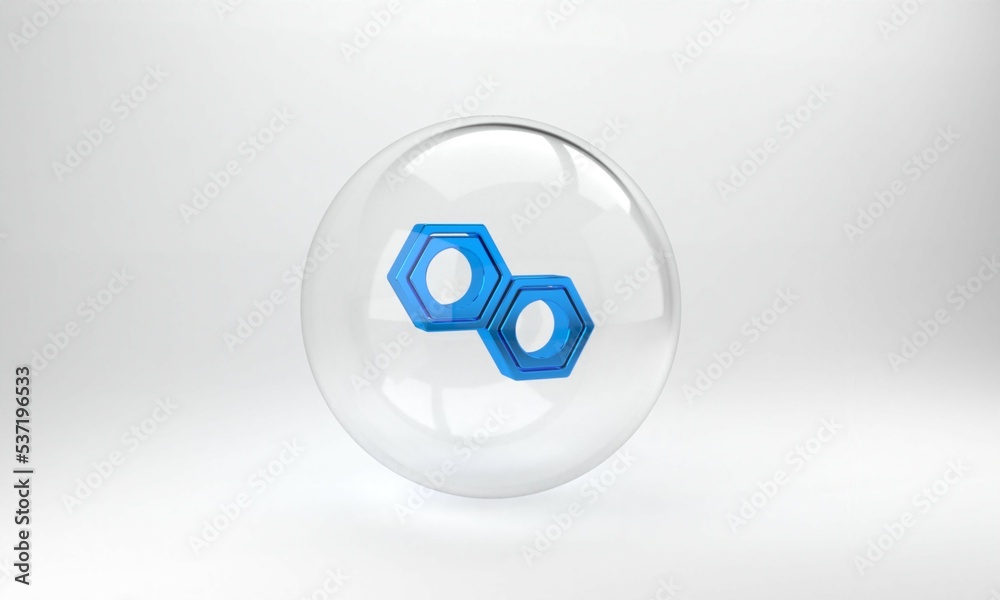 Blue Hexagonal metal nut icon isolated on grey background. Glass circle button. 3D render illustrati