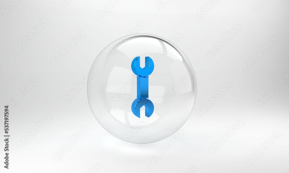 Blue Wrench spanner icon isolated on grey background. Glass circle button. 3D render illustration