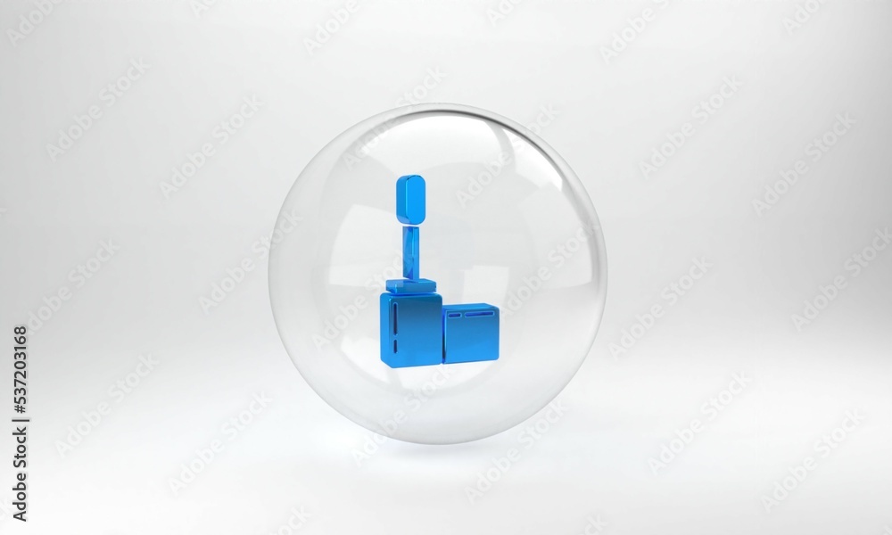 Blue Mascara brush icon isolated on grey background. Glass circle button. 3D render illustration