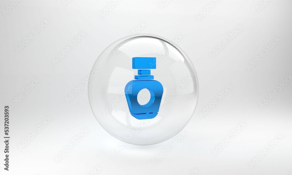 Blue Perfume icon isolated on grey background. Glass circle button. 3D render illustration