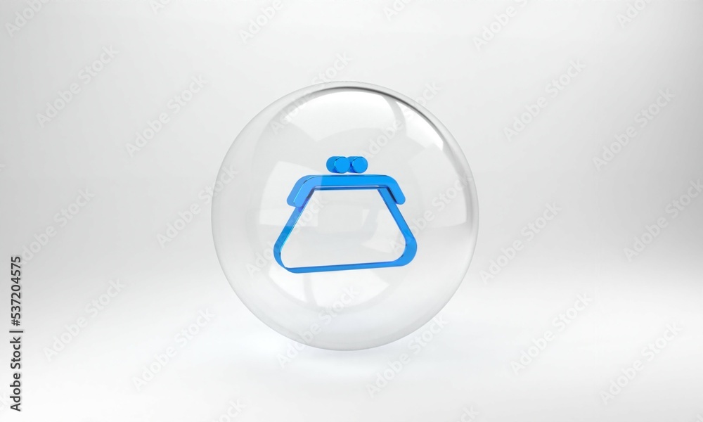 Blue Clutch bag icon isolated on grey background. Women clutch purse. Glass circle button. 3D render