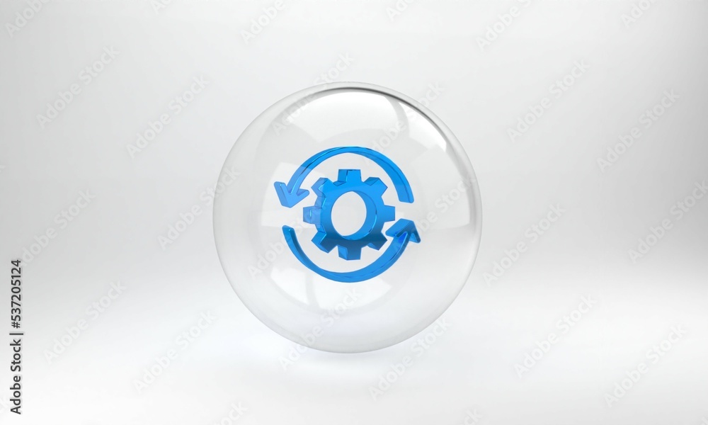 Blue Gear and arrows as workflow concept icon isolated on grey background. Gear reload sign. Glass c