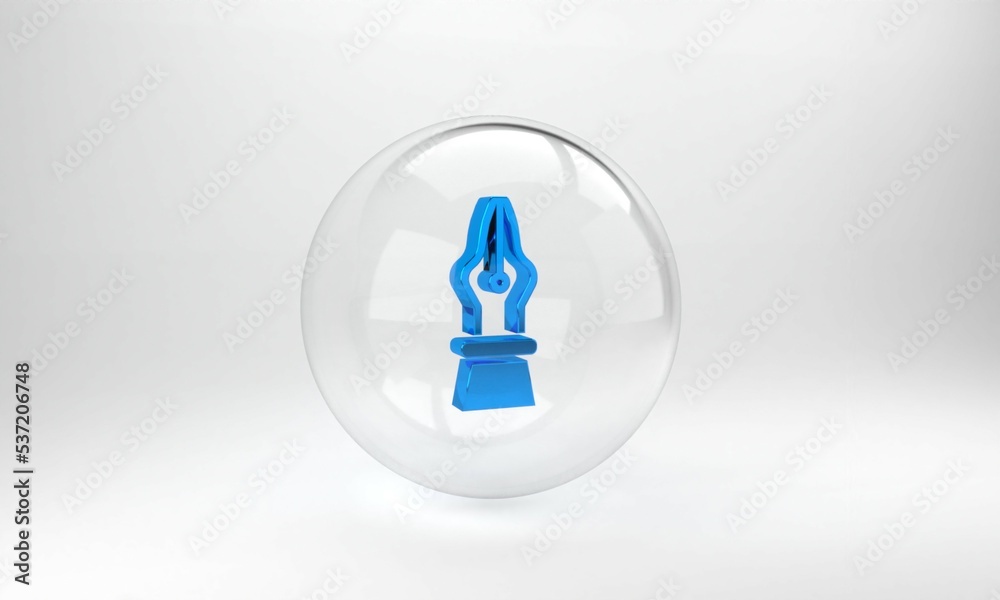 Blue Fountain pen nib icon isolated on grey background. Pen tool sign. Glass circle button. 3D rende