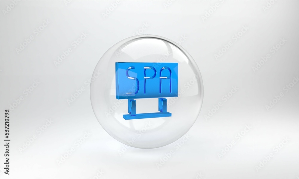 Blue Spa salon signboard icon isolated on grey background. Glass circle button. 3D render illustrati