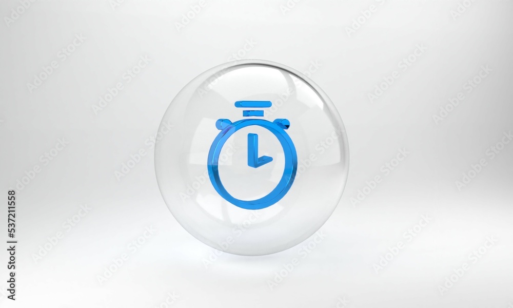 Blue Stopwatch icon isolated on grey background. Time timer sign. Chronometer sign. Glass circle but