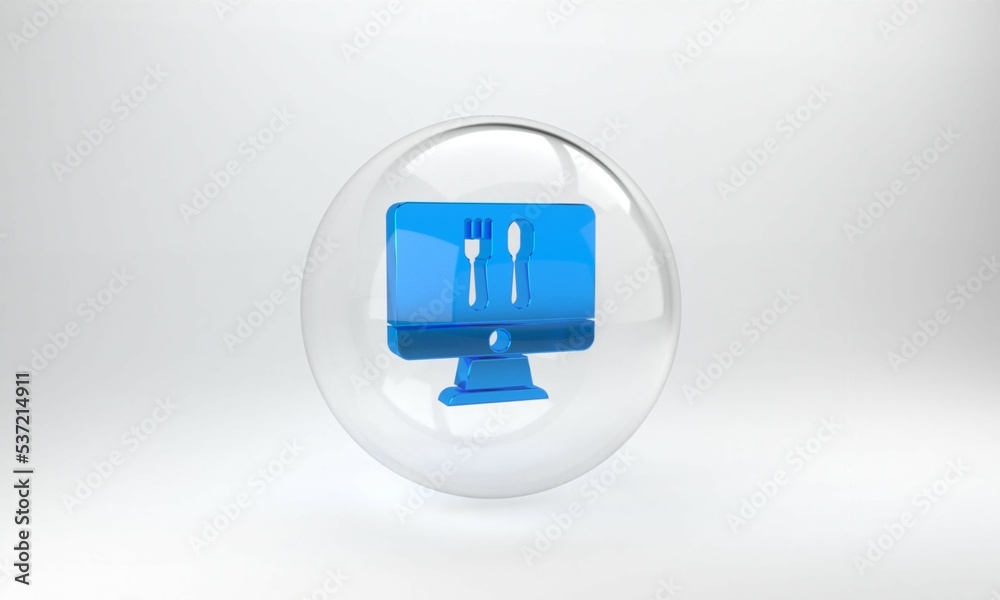 Blue Online ordering and fast food delivery icon isolated on grey background. Glass circle button. 3