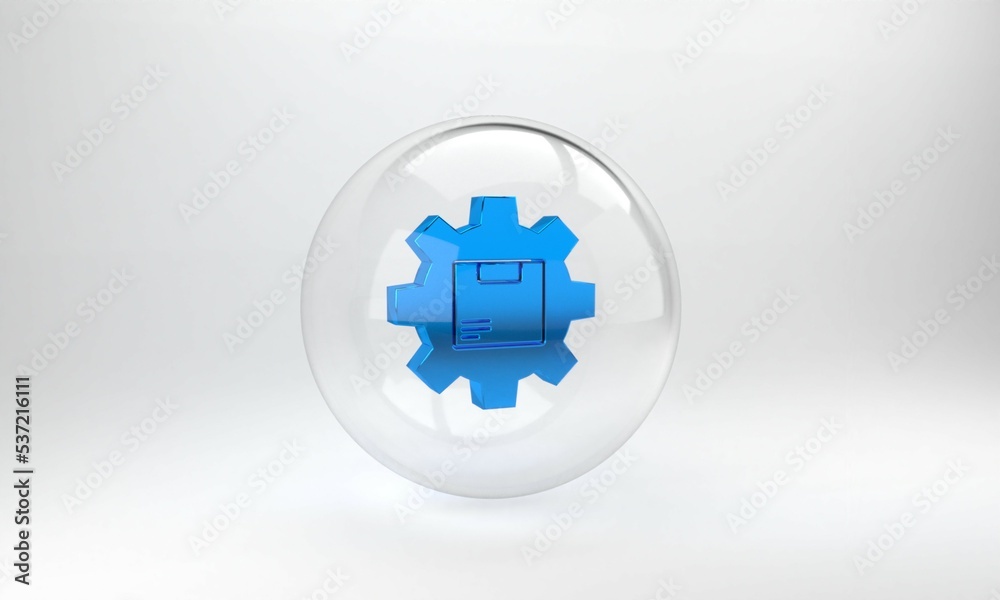 Blue Gear wheel with package box icon isolated on grey background. Box, package, parcel sign. Delive