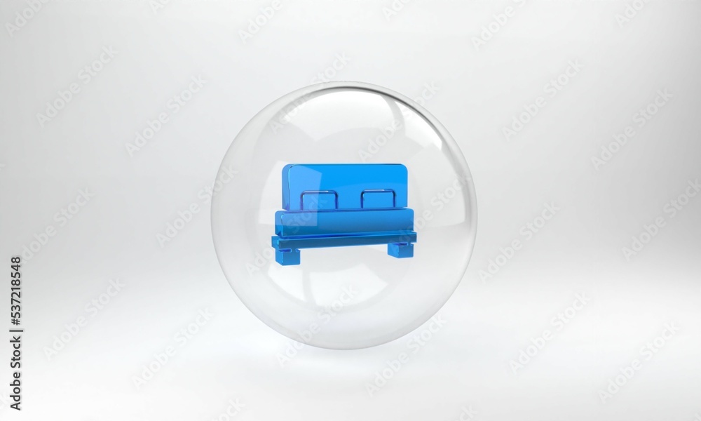 Blue Big bed for two or one person icon isolated on grey background. Glass circle button. 3D render 