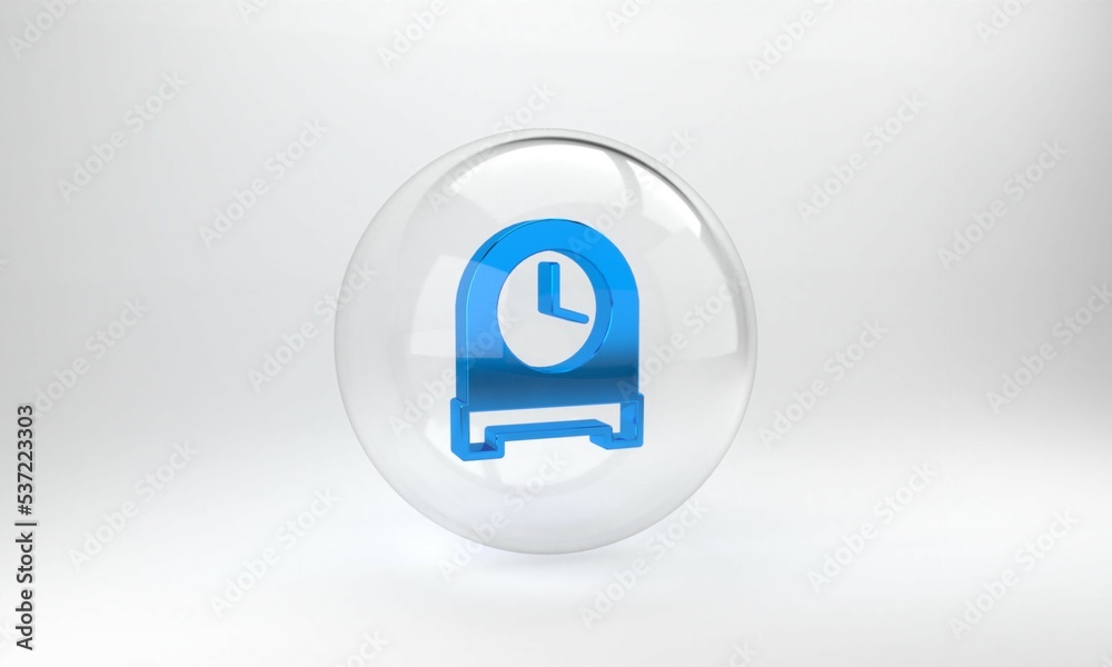 Blue Antique clock icon isolated on grey background. Glass circle button. 3D render illustration