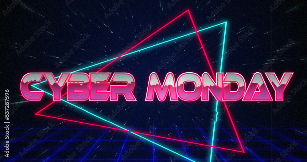 Image of cyber monday over neon triangles in digital space