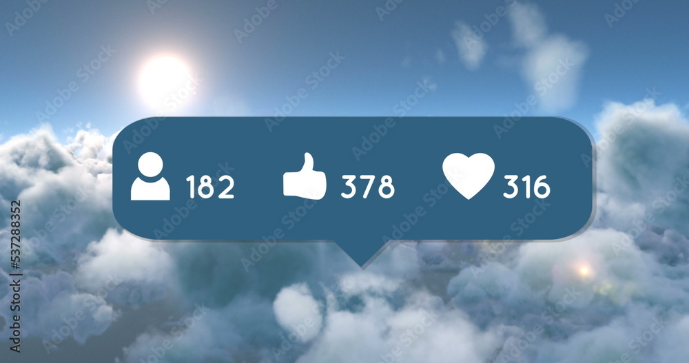 Image of social media reactions over clouds and sky