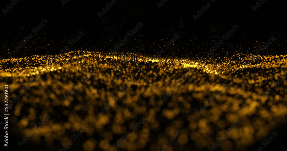 Illustration of golden particles forming wave pattern against black background, copy space