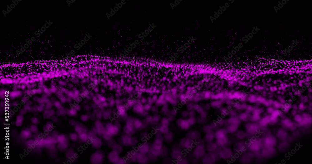 Illustration of purple particles forming wave pattern against black background, copy space