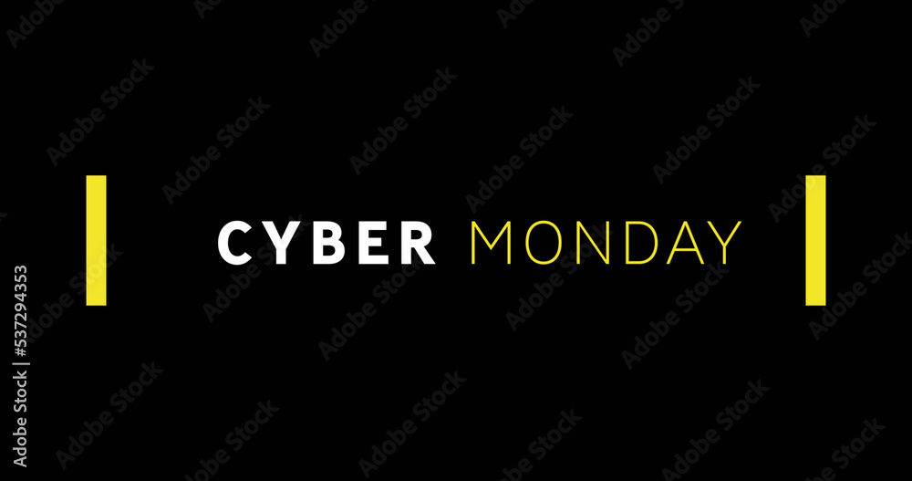 Image of cyber monday and yellow lines on black background