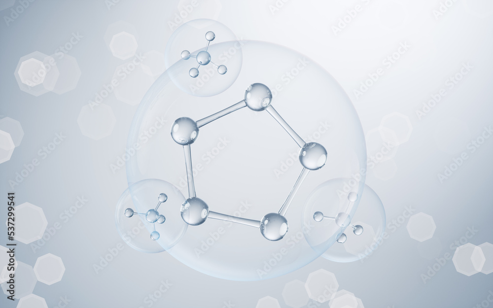 蓝色背景的化学分子，三维渲染。