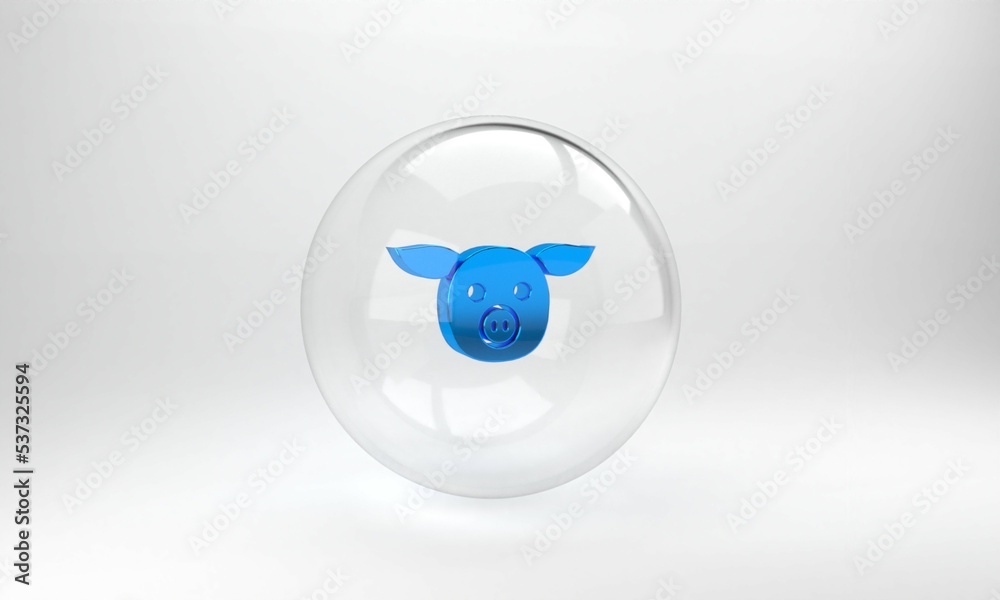 Blue Pig icon isolated on grey background. Animal symbol. Glass circle button. 3D render illustratio