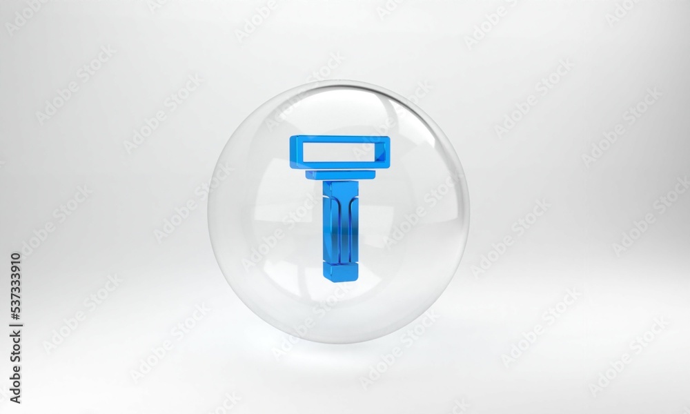 Blue Shaving razor icon isolated on grey background. Glass circle button. 3D render illustration