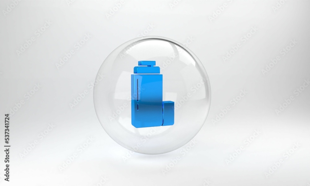 Blue Thermos container icon isolated on grey background. Thermo flask icon. Camping and hiking equip