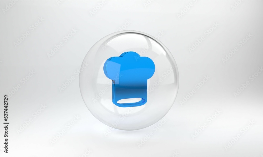 Blue Chef hat icon isolated on grey background. Cooking symbol. Cooks hat. Glass circle button. 3D r