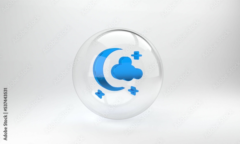 Blue Moon and stars icon isolated on grey background. Glass circle button. 3D render illustration