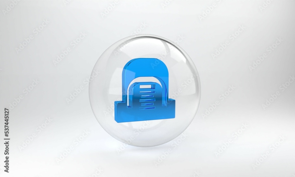 Blue Hangar with servers icon isolated on grey background. Server, Data, Web Hosting. Glass circle b